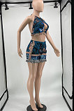 Peacock Blue Printing Tassel Vest Sleeveless Sexy Navel Exposure Tops Shorts Sets MLM9073-2