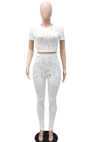 White Women Short Sleeve Knitting Hole Pants Sets YF9173-1