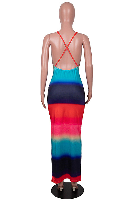 Red Digiral Printing Contrast Color Sexy Sling Back Cross Bodycon Dress SZS8108-1