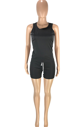 Black Fashion Casual Round Neck Collect Wasit Bind Slim Fitting Short Sleeve Shorts Sports Sets SM9195-3