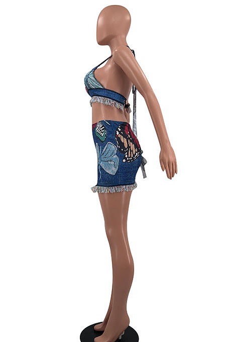 Fashion Casual Tassel Positioning Printing Skirts Sets AYA7024