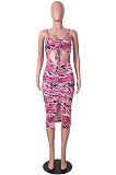 Rose Red Sling Drawsting Hollow Out Backless Fashion Sexy Dress SZS8099-1