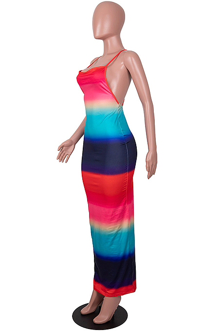 Red Digiral Printing Contrast Color Sexy Sling Back Cross Bodycon Dress SZS8108-1