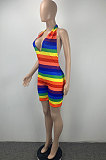 Women Fashion Sexy Deep V Neck Colorful Printing Halter Neck Backless Romper Shorts ML7451