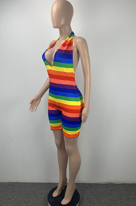 Women Fashion Sexy Deep V Neck Colorful Printing Halter Neck Backless Romper Shorts ML7451