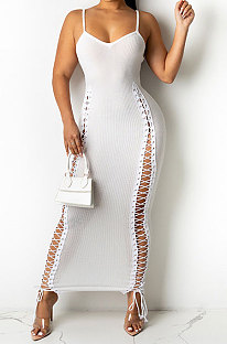 White Pit Bar Ribbon Pure Color Tight Condole Belt Long Dress YF9089-1