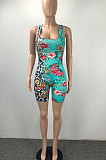 Cyan Women Trendy Printing Bodycon Sleeveless Romper Shorts ML7448-1