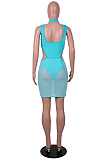 Lake Blue Halter Neck Strapless Hollow Out Net Yarn Spliced Fashion Dress SZS8097-1