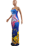 Purple Leopard Print Sunflower Cotton Sexy Sling Long Dress H1673