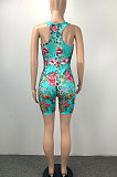Cyan Women Trendy Printing Bodycon Sleeveless Romper Shorts ML7448-1
