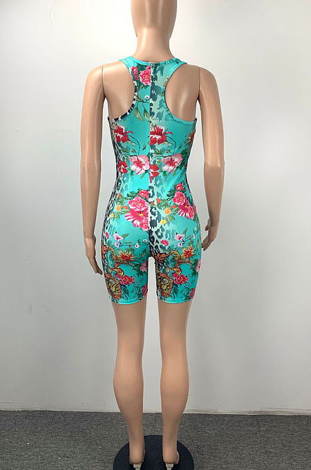 Cyan Women Trendy Printing Bodycon Sleeveless Romper Shorts ML7448-1
