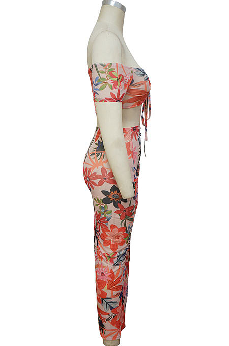 White Printing Bandage Shirred Detail Open Fork Skirts Sets MY9930-1