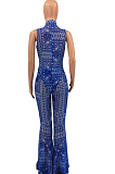 Blue Fashion Casual Totem Printing Flare Pant Two Piece H1501-1