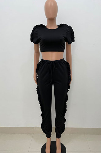 Black Women Pure Color Casual Cute Agaric Edge Pants Sets AMW8325-3