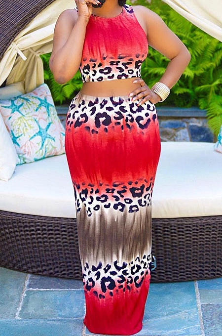 Women's Summer Fashion Gradient Printing Sleeveless Tank Skirts Sets XT8896