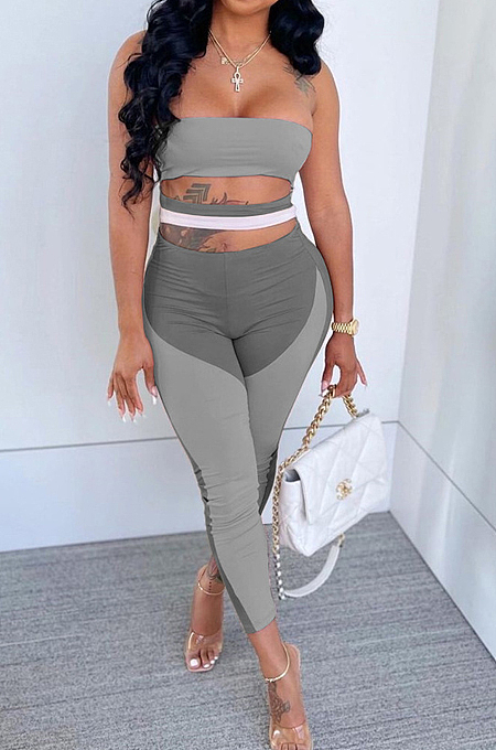 Grey Sexy Polyester Sleeveless Self Belted Backless Tube Jumpsuit BN9290-2