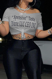 Grey Summer Casual Letter Printing Off Shoulder Bind T Shirts SYY8065-2