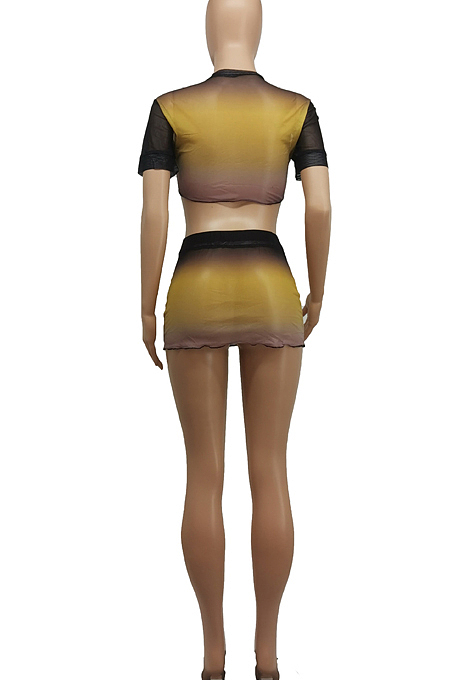 Gradient Yellow Sexy Net Yran Perspective Mini Skirts Sets SDE25121-1