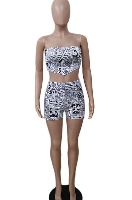 Euramerican Women Printing Strapless Bodycon Shorts Sets XT8838