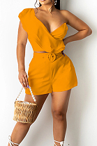 Orange Wave Edge Irregularity Sleeve Strapless Do Not Contain Belt Fashion Two Piece SZS8110-4