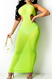 Neon Green Sexy Net Yarn Perspective Halter Neck Backless Long Dress SDE26125-3