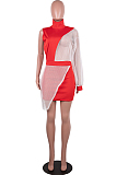 Red Women Round Neck Spliced Sexy Fashion Dress SZS8046-1