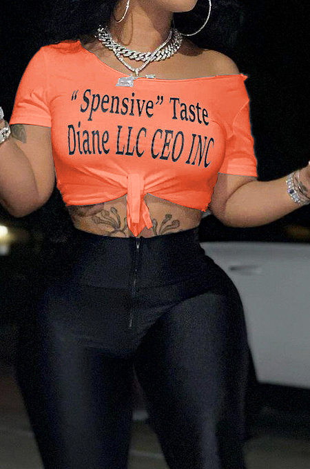 Orange Summer Casual Letter Printing Off Shoulder Bind T Shirts SYY8065-3