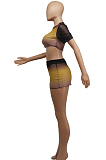 Gradient Yellow Sexy Net Yran Perspective Mini Skirts Sets SDE25121-1