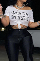 White Summer Casual Letter Printing Off Shoulder Bind T Shirts SYY8065-1