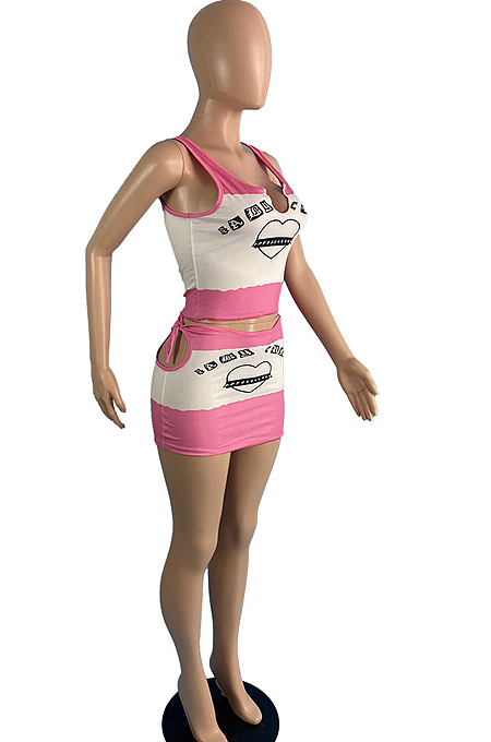 Pink Color Matching Cute Letter Vest Short Skirts Two Piece MK057-1