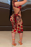 Red Women Hollow Out Backless Round Neck Printing Midi Dress GB8026-1