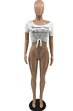 White Summer Casual Letter Printing Off Shoulder Bind T Shirts SYY8065-1