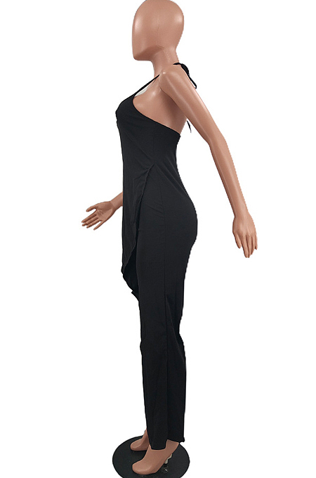 Black Bind Halter Neck Flounce Irregularity Wide Leg Jumpsuits NYZ6026-1