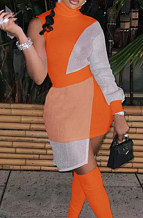 Orange Women Round Neck Spliced Sexy Fashion Dress SZS8046-2