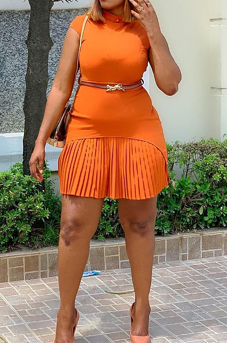 Orange Fashion Grakient Short Sleeve Pleated Dress SDE25122-1