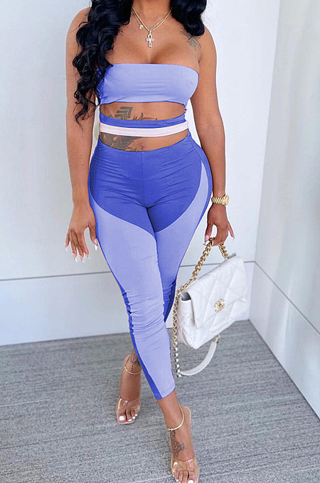 Blue Sexy Polyester Sleeveless Self Belted Backless Tube Jumpsuit BN9290-3