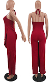 Wine Red Bind Halter Neck Flounce Irregularity Wide Leg Jumpsuits NYZ6026-3