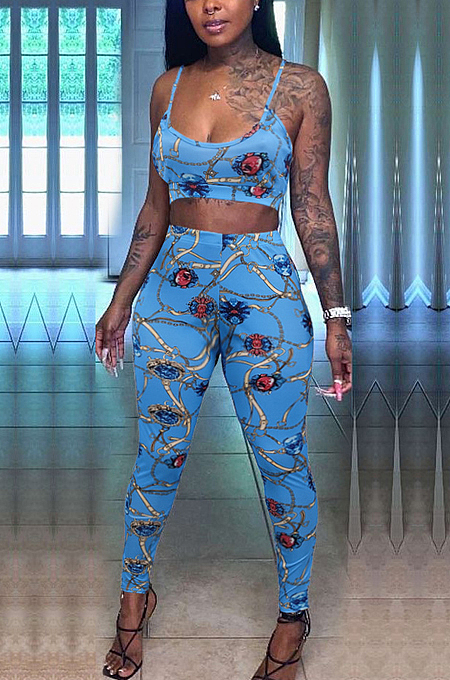 Light Blue Fashion Printing Sling Boob Tube Top Long Pants Two Piece NYZ6025-3