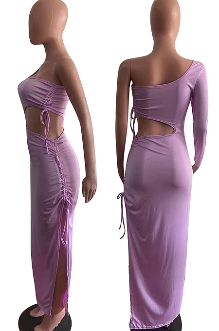 Light Purple Elegant Sexy Ruffle Drawsting Long Dress OMM1220-2