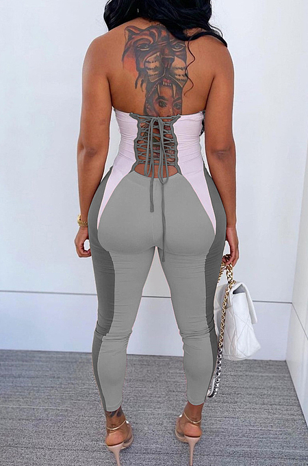 Grey Sexy Polyester Sleeveless Self Belted Backless Tube Jumpsuit BN9290-2