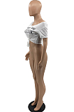 White Summer Casual Letter Printing Off Shoulder Bind T Shirts SYY8065-1