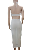 White Sexy Net Yarn Perspective Halter Neck Backless Long Dress SDE26125-1