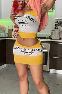 Yellow Color Matching Cute Letter Vest Short Skirts Two Piece MK057-3