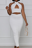 Rose Red Fashion Sexy Tops Hollow Out Strapless Fold Skirts Sets WY6819-4