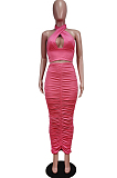 Rose Red Fashion Sexy Tops Hollow Out Strapless Fold Skirts Sets WY6819-4