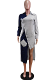 Black Fashion Spliced Shirt Long Dress Wish Pocket WY6818-2
