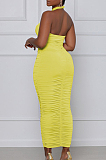 Yellow Fashion Sexy Tops Hollow Out Strapless Fold Skirts Sets WY6819-3