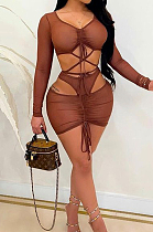 Dark Brown Strapless Tie The Rope V Neck Sexy Fashion Three Piece SZS8063-2