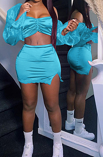 Light Blue Strapless Puff Sleeve Ruffle Lace Fashion Sexy Two Piece SZS8073-1