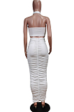 Rose Red Fashion Sexy Tops Hollow Out Strapless Fold Skirts Sets WY6819-4